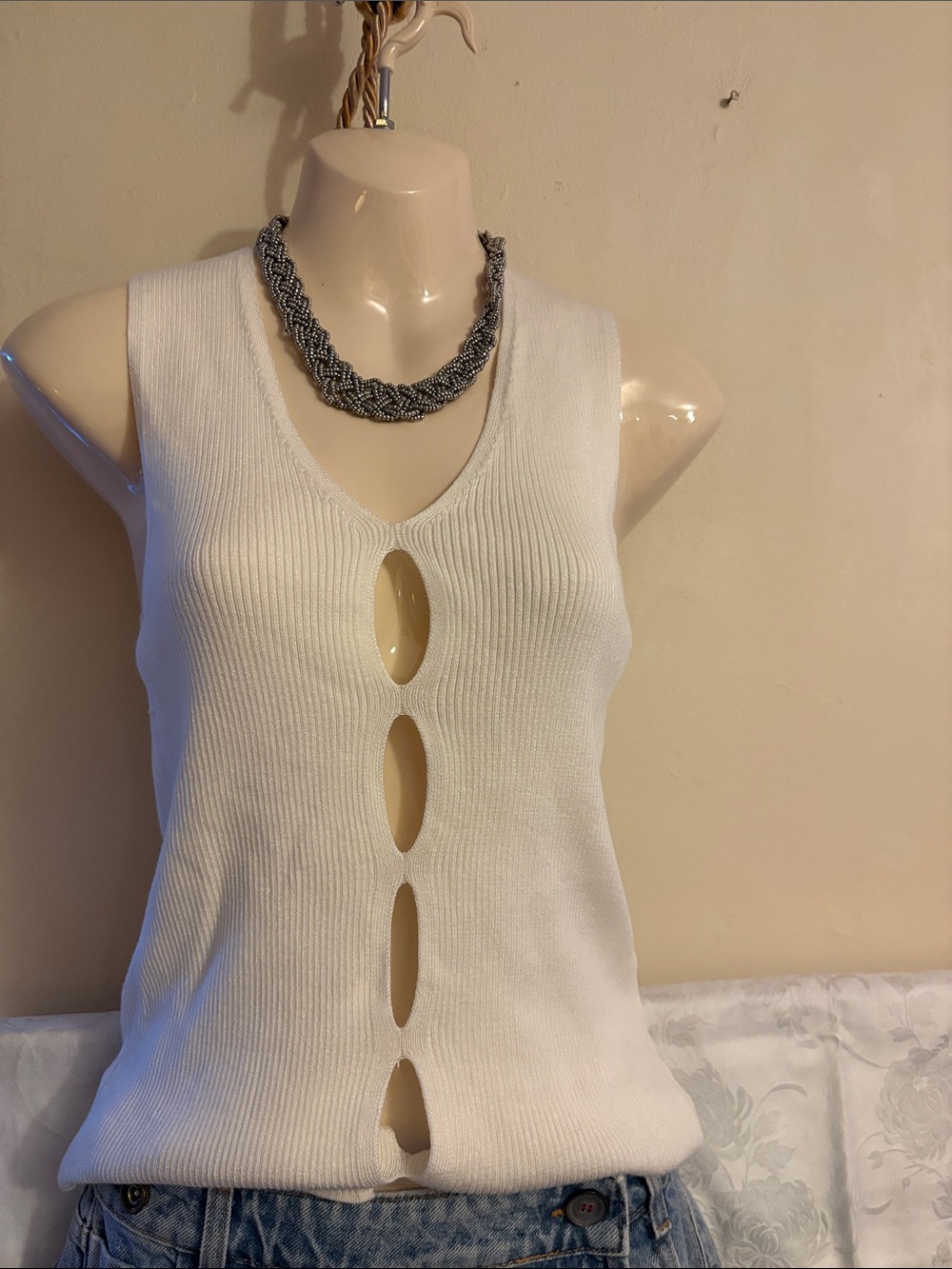 Streetwear Society White Ribbed Cutout Tank Top. Rayon